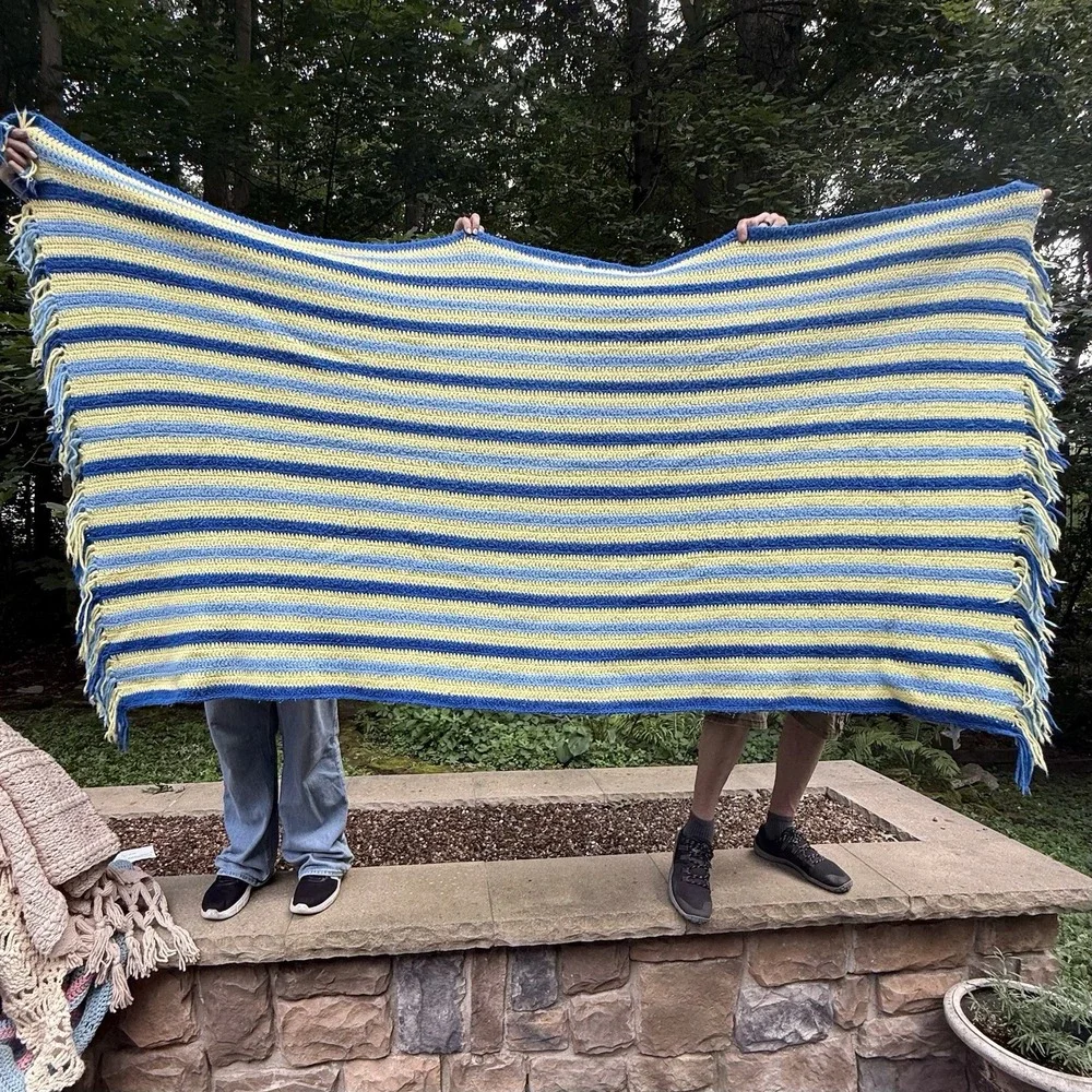 Handmade Crochet Striped Afghan 98x53 Blue Yellow Large Blanket Throw Fringe